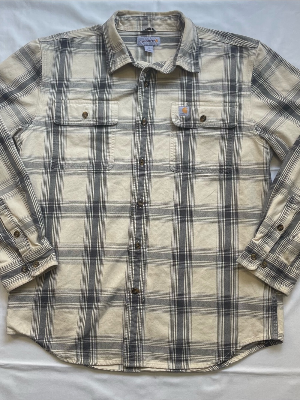 Carhartt Cream & Grey Plaid Flannel Button Down Shirt - Medium